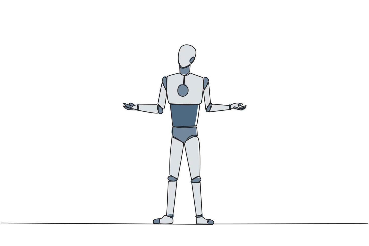 kontinuerlig ett linje teckning smart robot stående hetero med öppen vapen. ensam och sorg robot beklaga outvecklad företag. olycklig chef. ai tech. enda linje dra design illustration vektor