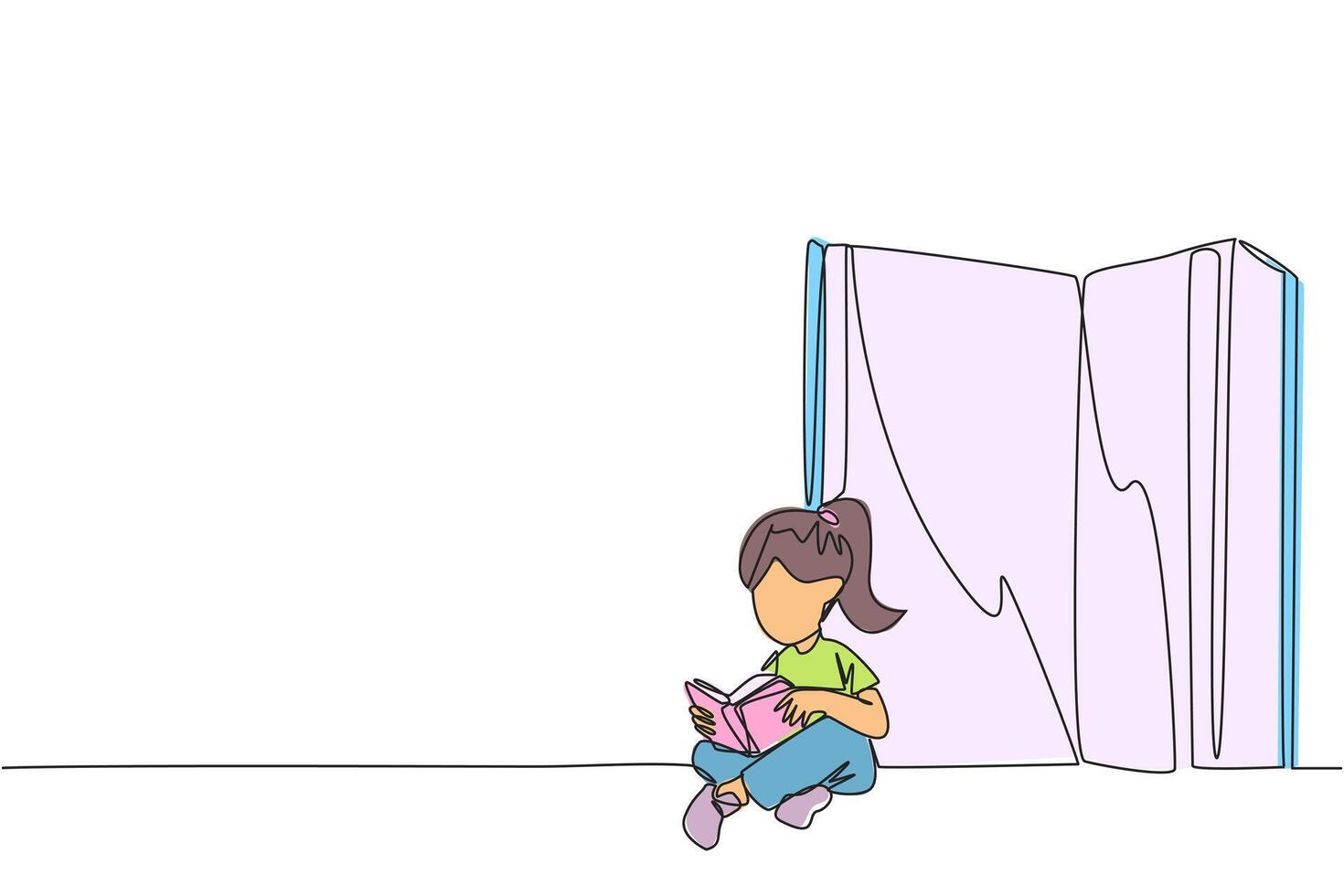 enda kontinuerlig linje teckning Lycklig flicka Sammanträde i främre av en stor öppen bok läsning en bok. allvarlig och fokus inlärning ökar insikt. bok festival begrepp. ett linje design illustration vektor