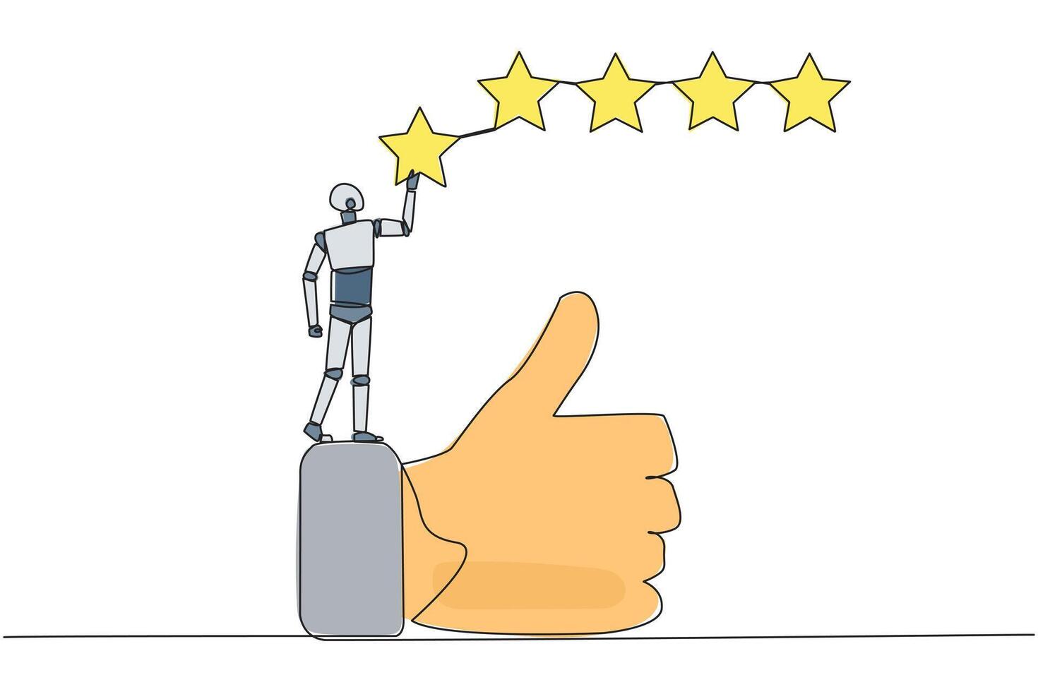 enda kontinuerlig linje teckning robot stående på de tummen upp vill ha till fästa de stjärnor till form 5 stjärnor i en rad. ge recension eller Bra respons. artificiell intelligens. ett linje illustration vektor