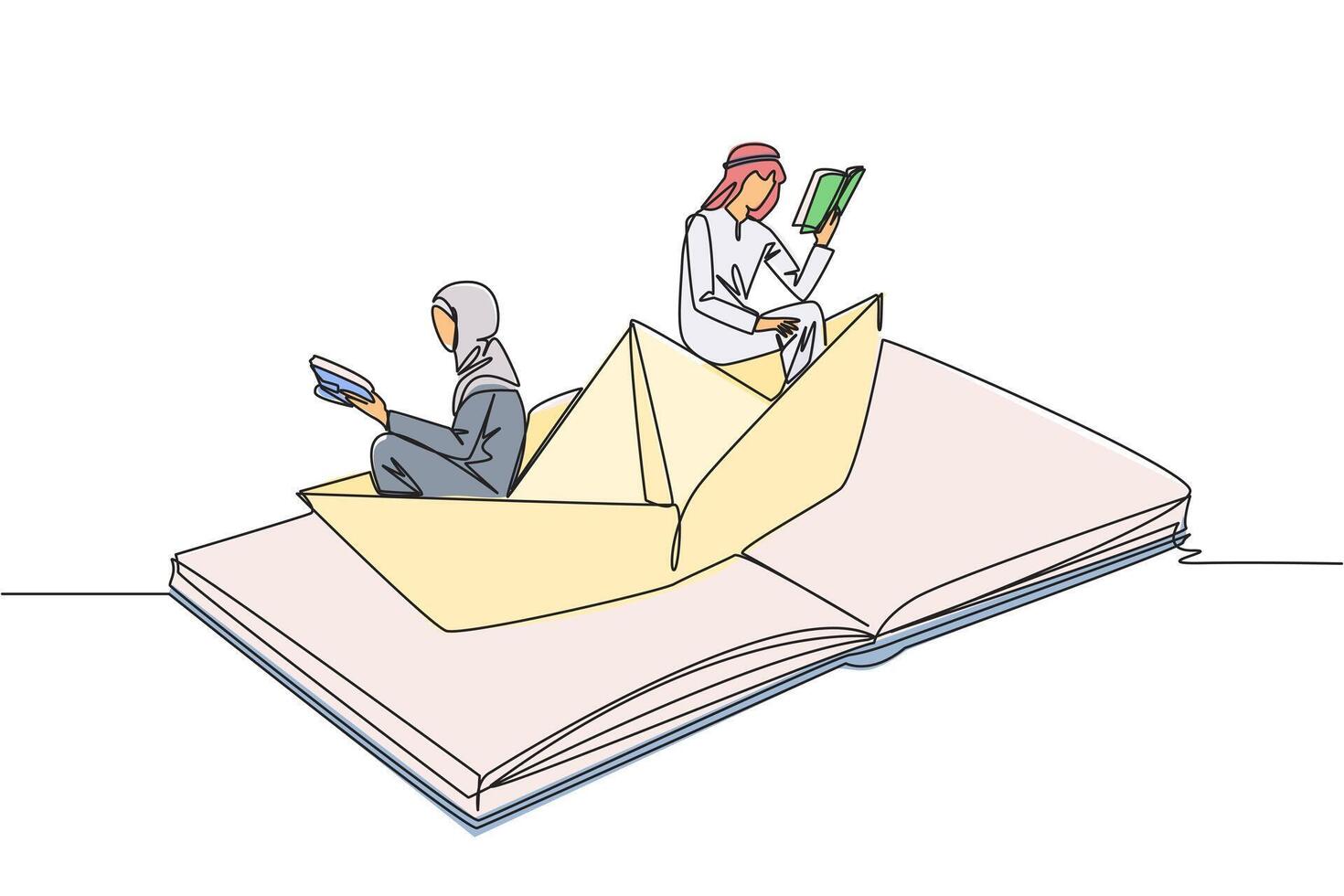 enda kontinuerlig linje teckning arab man kvinna läsning bok på papper båt. upprätthålla Bra vanor. de liknelse av läsning kan utforska hav. bok festival begrepp. ett linje design illustration vektor
