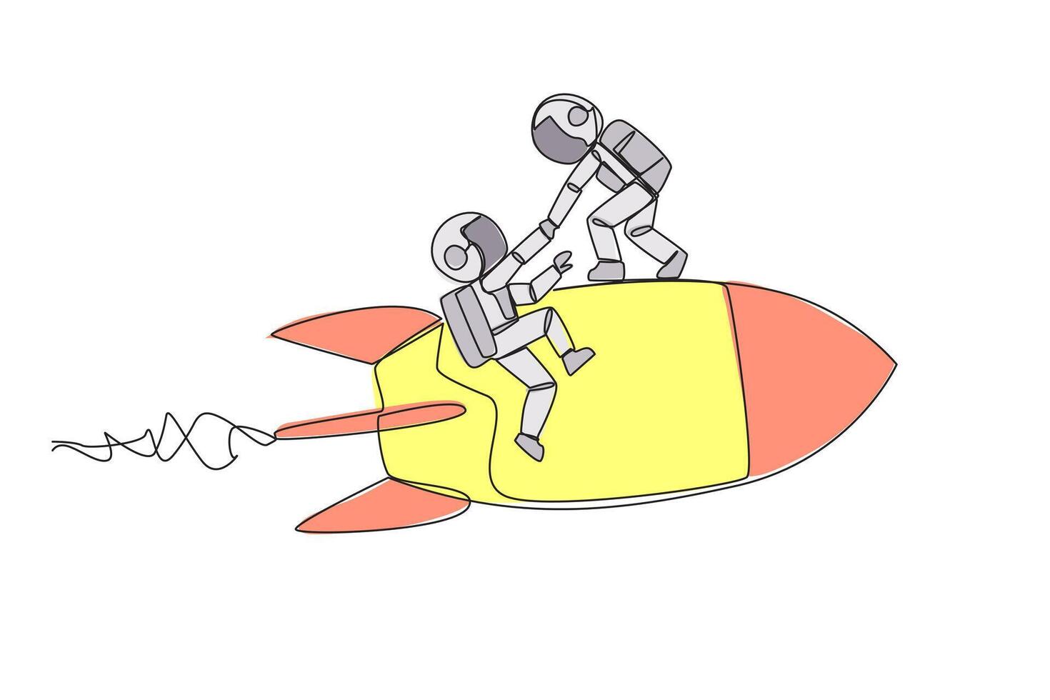 Single kontinuierlich Linie Zeichnung Astronaut hilft Kollege steigen fliegend Rakete. Metapher Hilfe im Verwaltung Unternehmen Geäst. in die Höhe geschossen mögen das Bisherige Geschäft. einer Linie Design Illustration vektor
