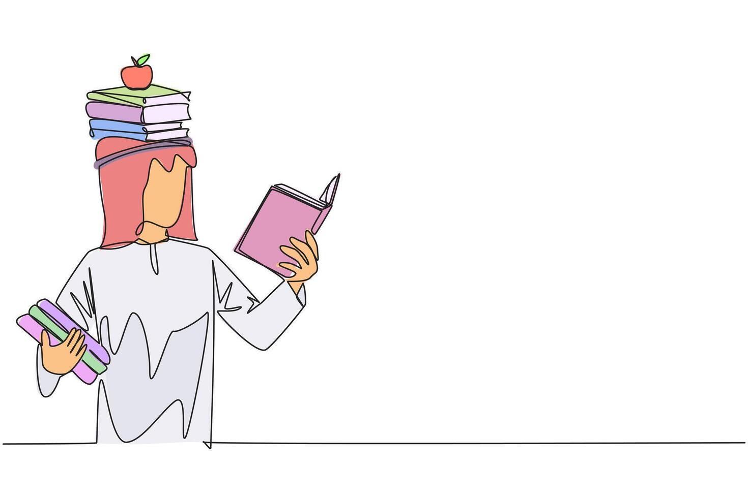 Single kontinuierlich Linie Zeichnung arabisch Mann lesen Buch üben Gleichgewicht. Stapel Bücher auf oben von Kopf entlang mit das Apfel. balancieren lesen Rhythmus, Zug Fokus. einer Linie Design Illustration vektor