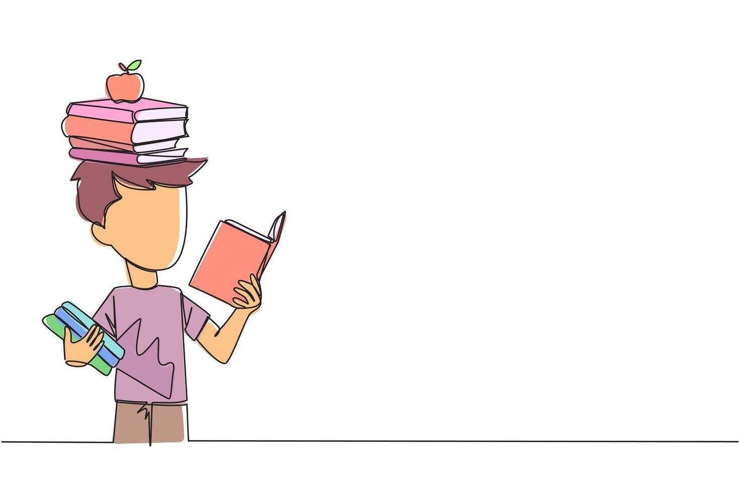 enda ett linje teckning pojke läsning en bok praktiserande balans. stack böcker på topp av huvud längs med de äpple. balansering läsning rytm, tåg fokus. kärlek läsa. kontinuerlig linje grafisk illustration vektor