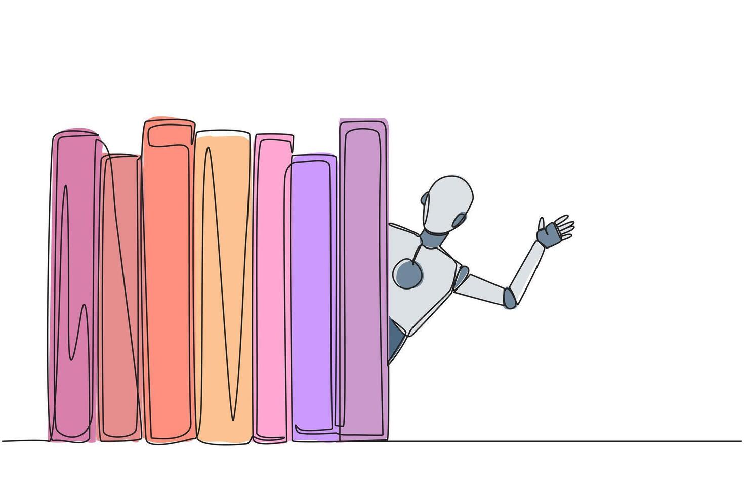 enda kontinuerlig linje teckning smart robot visas från Bakom en rad av böcker. inbjudan till läsa böcker på de bibliotek. tycka om till läsning bok. bok festival begrepp. ett linje design illustration vektor