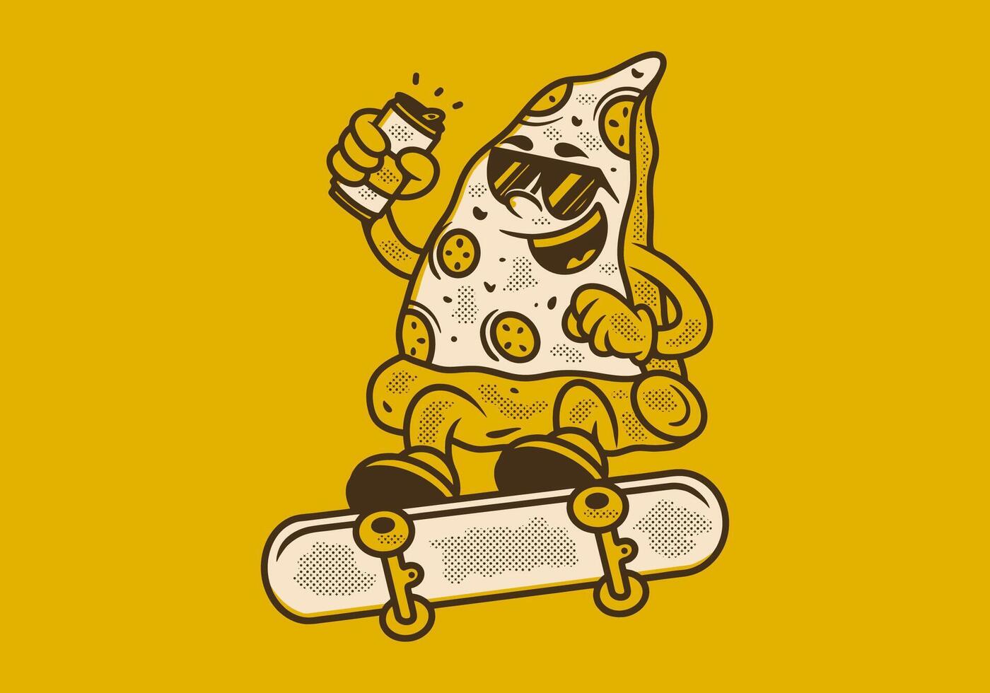 retro illustration av pizza karaktär Hoppar på skateboard vektor