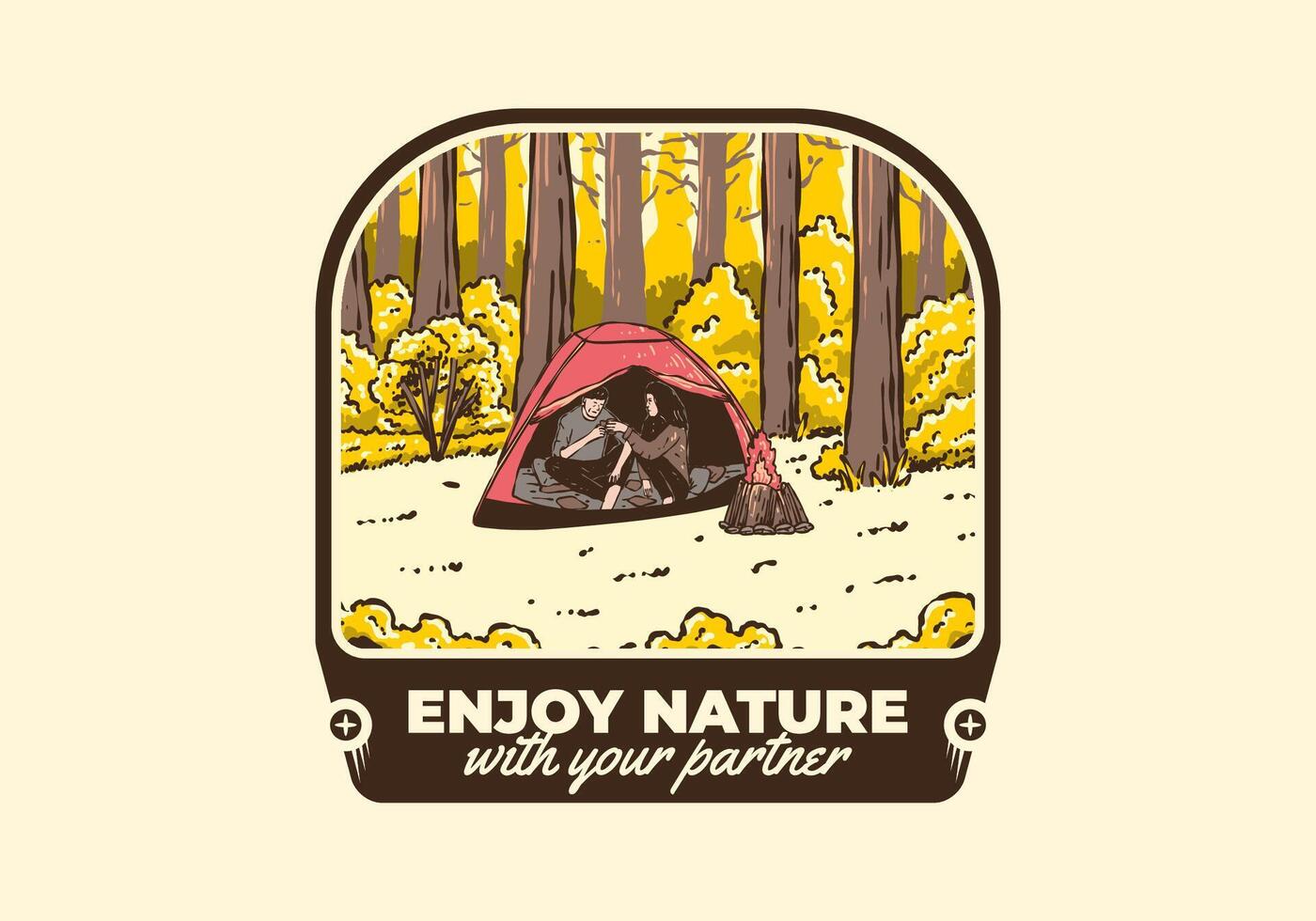 camping i natur med partner. årgång utomhus- illustration vektor