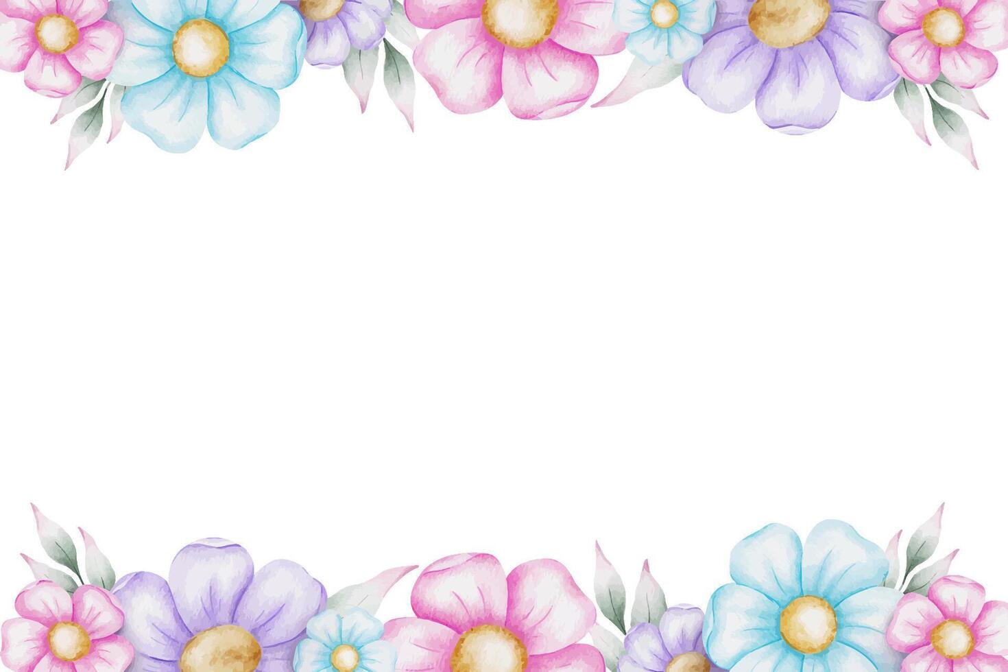 fyrkant ram av lila rosa, blå blommor med löv. isolerat hand dragen vattenfärg krans för inbjudan, bröllop, hälsning kort, bebis dusch, hjärtans dag vektor