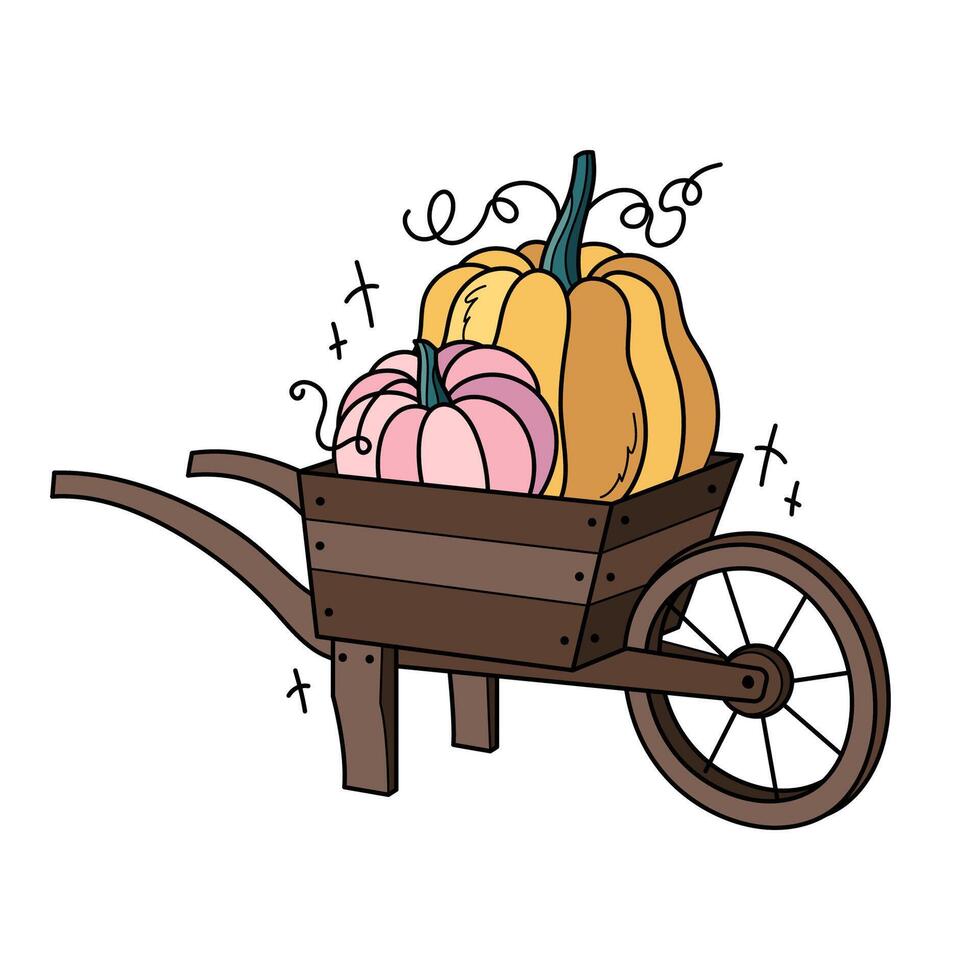 Herbst Kürbisse im hölzern Wagen. süß Hand gezeichnet Illustration. bezaubernd kawaii Komposition. Karikatur eben Clip Art zum saisonal Gruß Karten, Drucke, Aufkleber, Verpackung. vektor