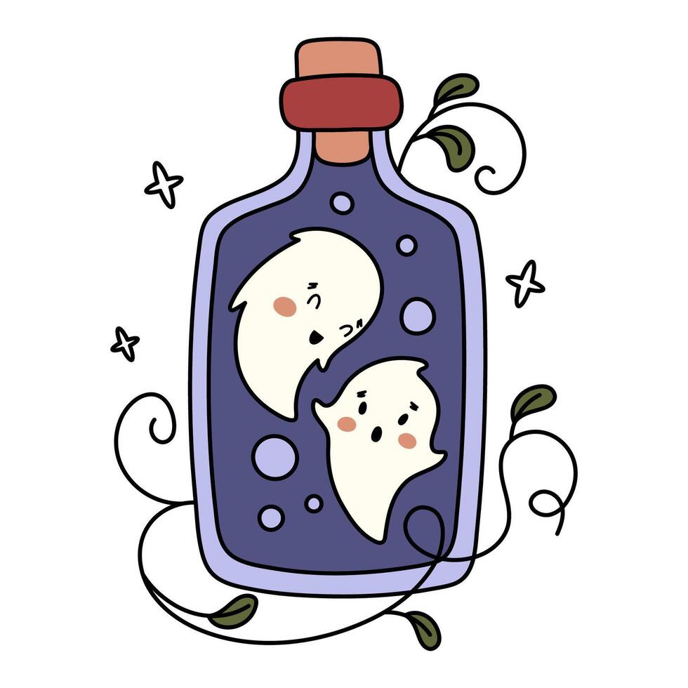 süß glücklich Geister im ein Trank Flasche. gespenstisch Halloween Hand gezeichnet Illustration. Clip Art zum Gruß Karten, Aufkleber und Party Dekorationen. vektor