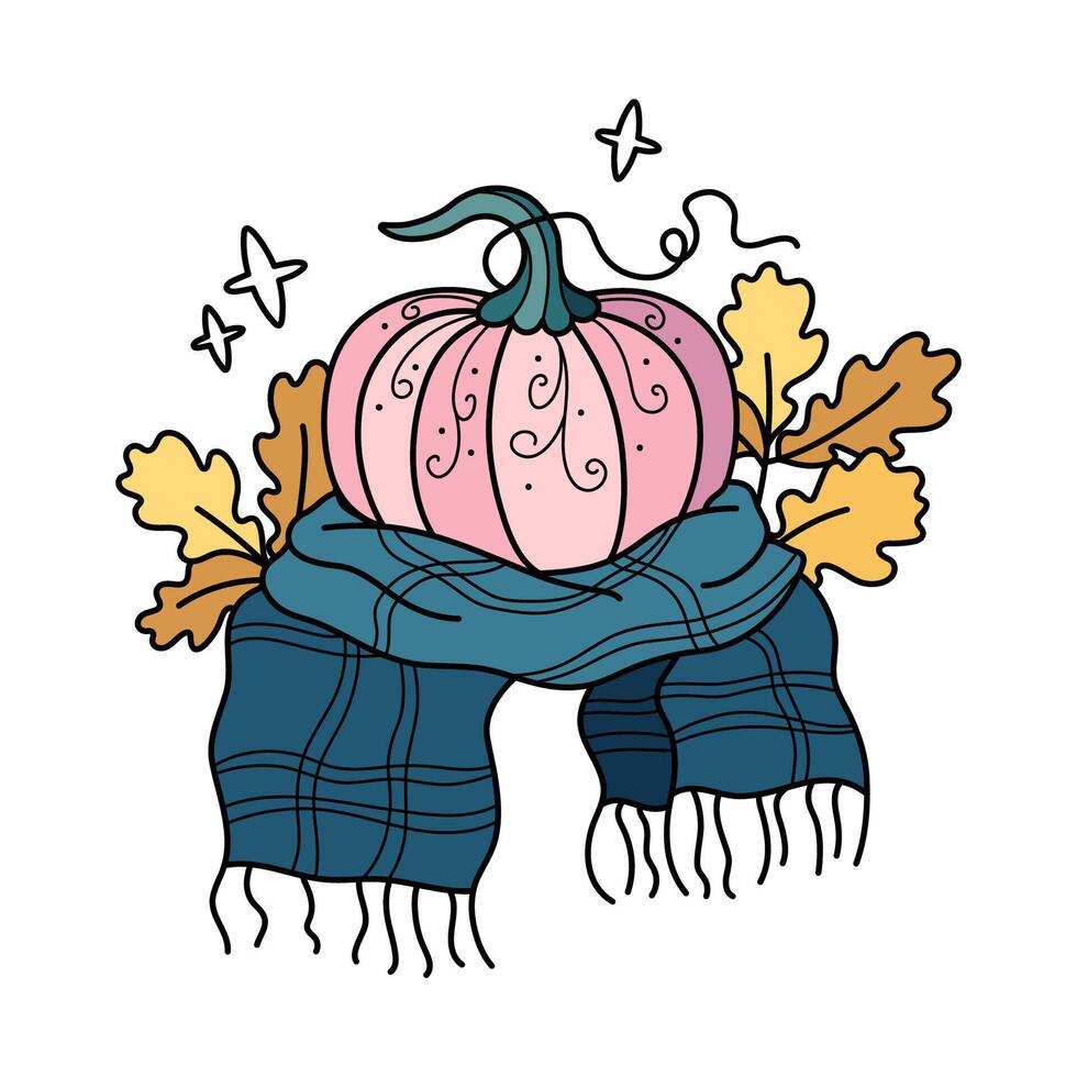 Kürbis mit Ornament im Schal und Gelb Eiche Blätter. süß Hand gezeichnet Herbst Illustration. bezaubernd kawaii Komposition. Karikatur eben Clip Art zum saisonal Gruß Karten, Aufkleber, Verpackung. vektor