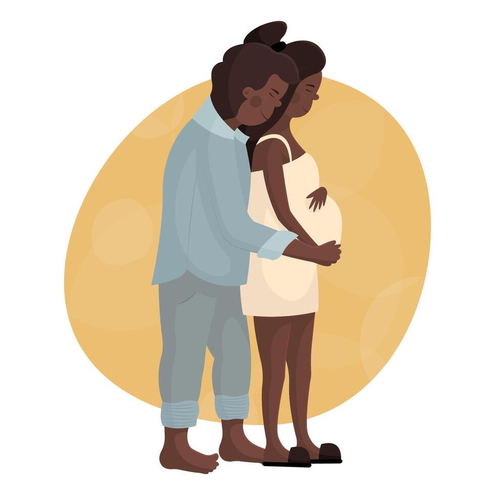 de man kramar hans gravid fru från Bakom. ung svart par i kärlek väntar för de födelse av en bebis. Lycklig graviditet och moderskap. moderskap lämna för framtida föräldrar. söt graviditet tid. vektor