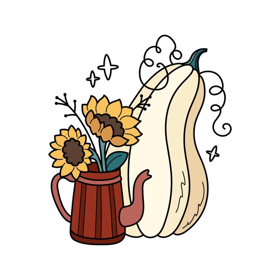 Herbst Kürbis und Sonnenblumen im Jahrgang Teekanne. süß Hand gezeichnet Illustration. bezaubernd kawaii Komposition. Karikatur eben Clip Art zum saisonal Gruß Karten, Aufkleber, Verpackung. vektor