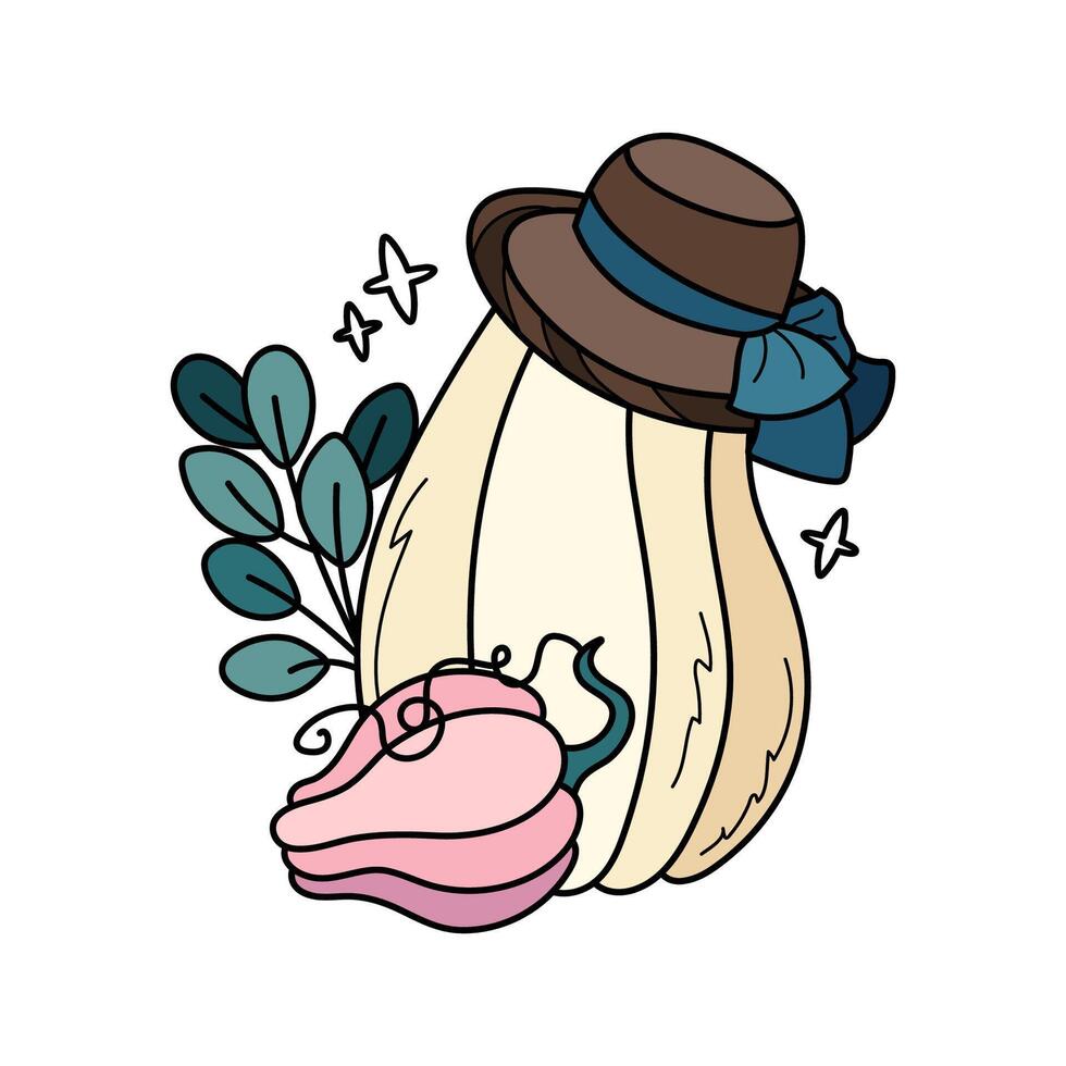 höst pumpa i hatt med en rosett och grön löv. söt hand dragen illustration. förtjusande söt sammansättning. tecknad serie platt ClipArt för säsong- hälsning kort, grafik, klistermärken, förpackning. vektor