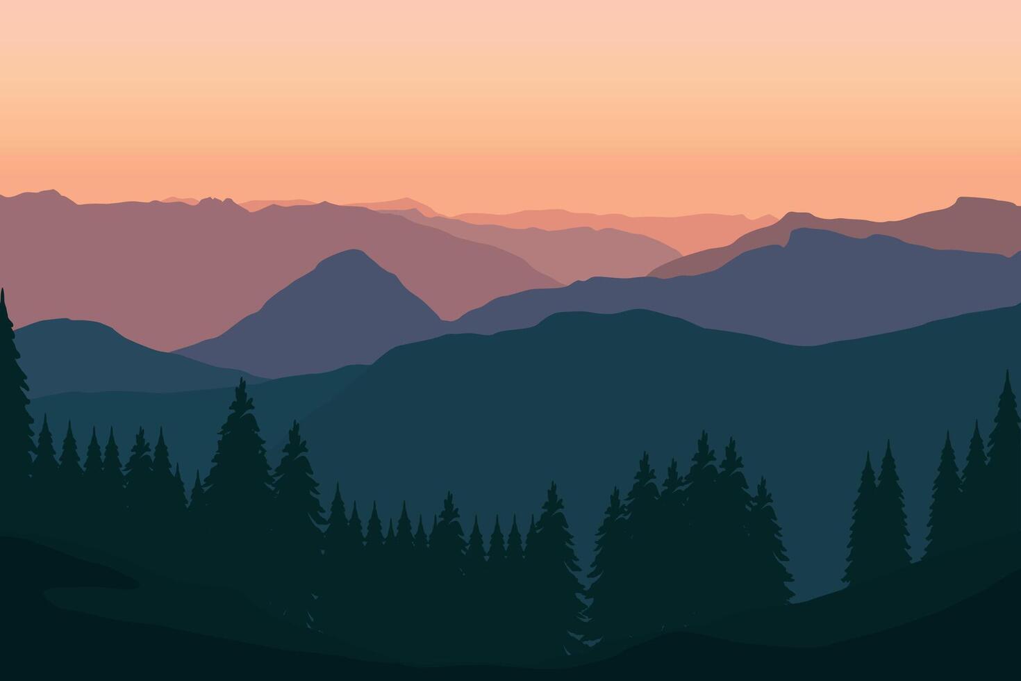 Panorama- Aussicht von Berge und Kiefer Wälder. illustriert im ein eben Stil. vektor