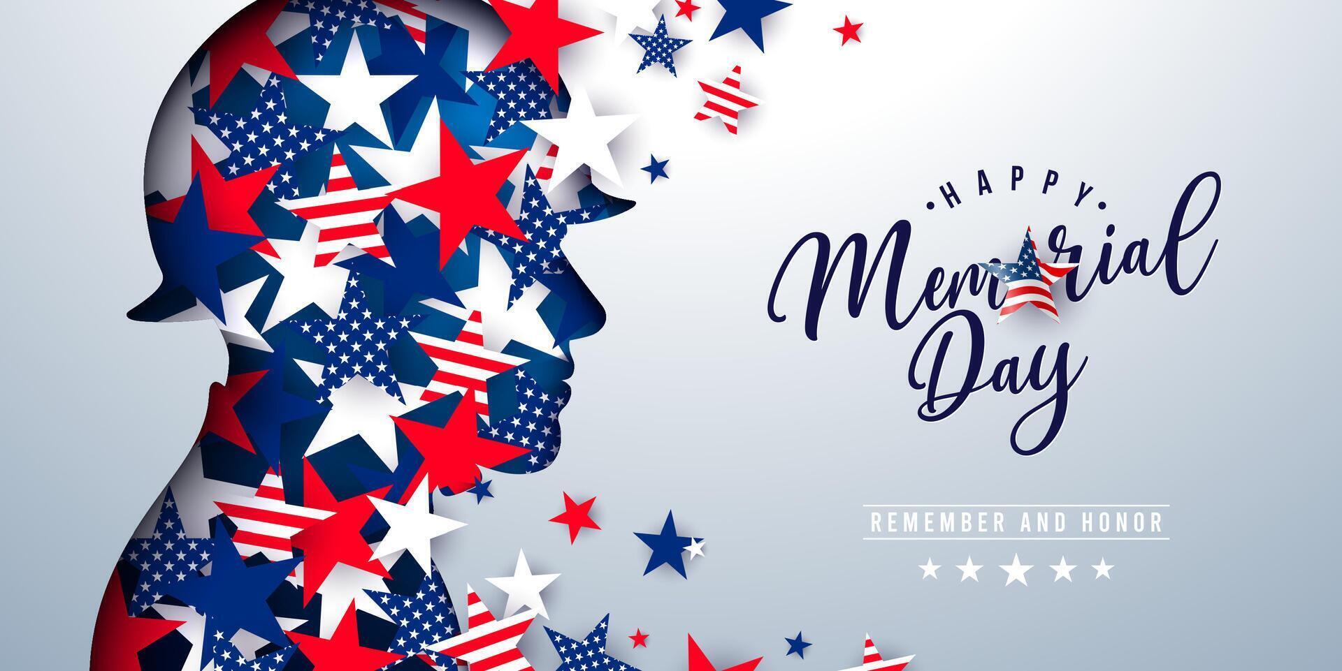 minnesmärke dag av de USA illustration med flygande flagga mönster stjärnor i patriotisk soldat silhuett på ljus bakgrund. amerikan nationell firande design med typografi text för vektor