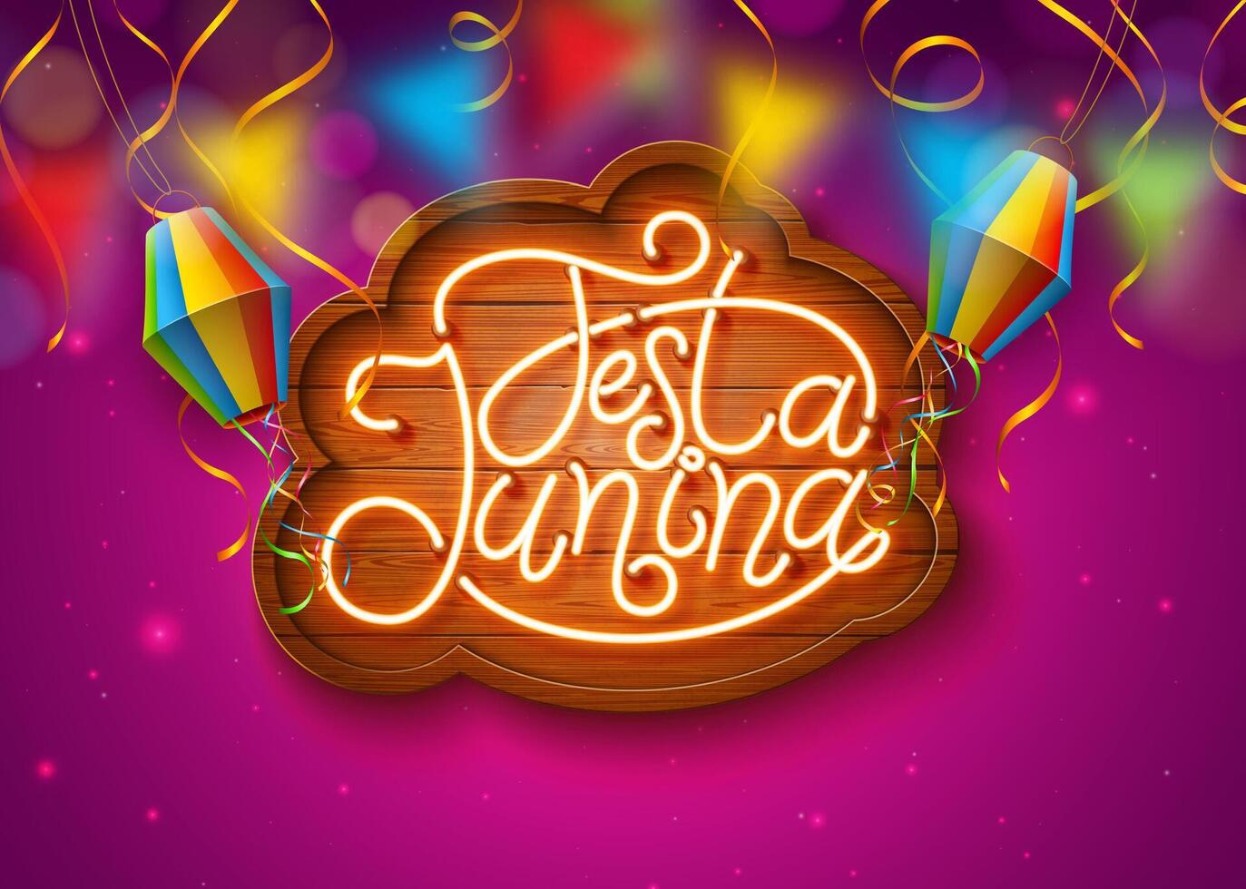 festa junina Illustration mit glühend Neon- Licht Beschriftung auf Holz Werbetafel, Papier Laterne, fallen Konfetti und Party Flaggen auf violett Hintergrund. Brasilien Heilige John Juni Festival Design zum vektor