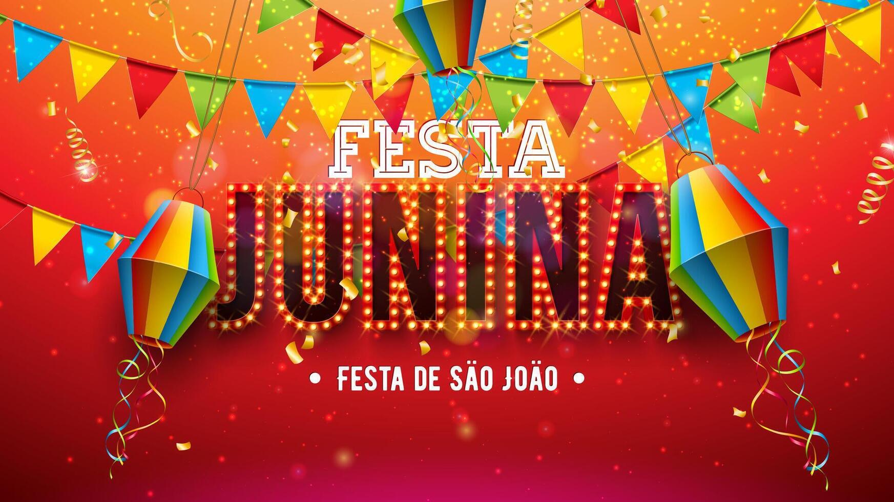 festa junina illustration med papper lykta, fest flaggor och ljus Glödlampa anslagstavla text på röd bakgrund. Brasilien sao joao juni festival design för hälsning kort, baner eller Semester affisch vektor