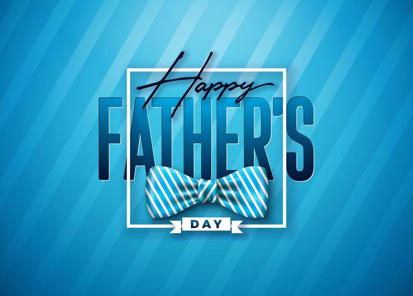 Lycklig fars dag hälsning kort design med randig rosett slips och text på blå bakgrund. firande illustration för pappa. mall för baner, flygblad eller affisch. vektor