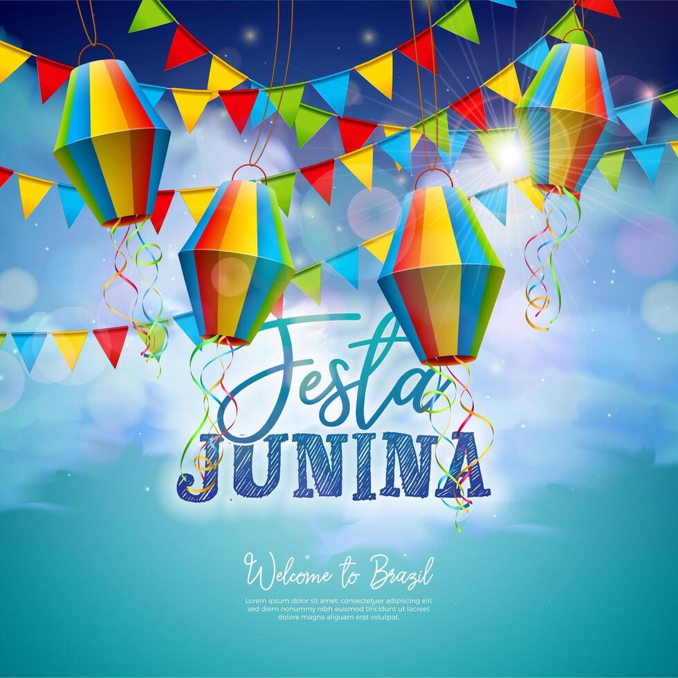 festa junina Illustration mit Party Flaggen und Papier Laterne auf Blau wolkig Himmel Hintergrund. Brasilien Juni sao Joao Festival Design zum Banner, Gruß Karte, Einladung oder Urlaub Poster vektor