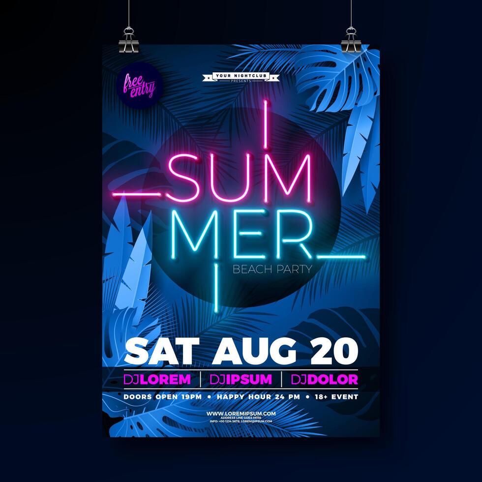 sommar fest flygblad design mall med lysande neon ljus text på fluorescerande tropisk löv bakgrund. sommar firande Semester illustration för baner, flygblad, inbjudan eller vektor