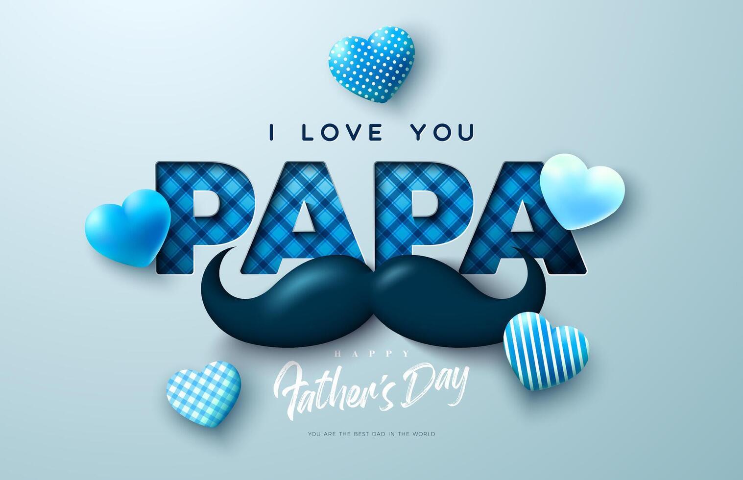 Lycklig fars dag hälsning kort design med hjärta och mustasch på ljus bakgrund. firande illustration med jag kärlek du pappa rutig text. mall för baner, flygblad eller affisch. vektor
