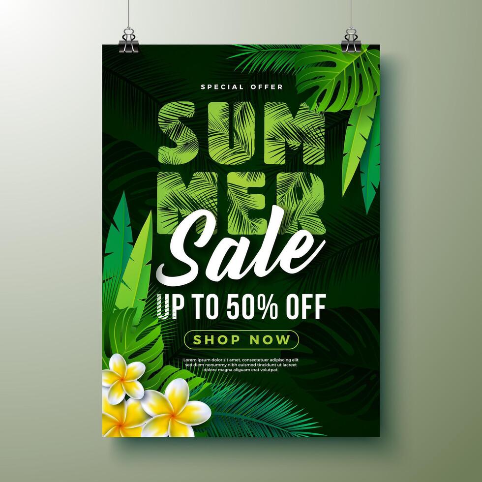 Sommer- Verkauf Design mit Blume und exotisch Palme Blätter auf tropisch Blumen- Pflanzen Hintergrund. Sommer- Besondere Angebot Illustration zum Coupon, Gutschein, Banner, Flyer, Werbung Poster, Einladung vektor