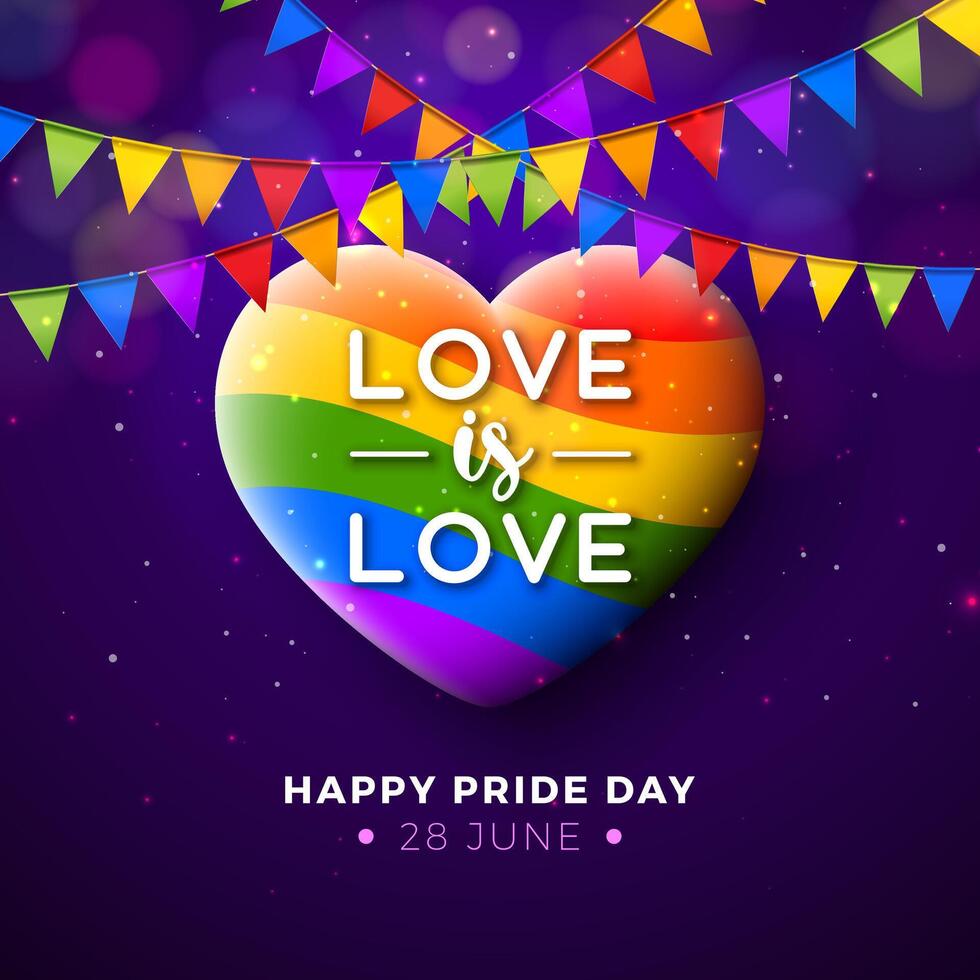 glücklich Stolz Tag lgbtq Illustration mit Regenbogen Herz und bunt Party Flagge auf lila Hintergrund. 28 Juni Liebe ist Liebe Mensch Rechte oder Vielfalt Konzept. lgbt Veranstaltung Banner vektor