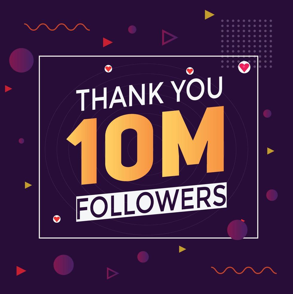10 miljoner följare tack färgglad firande mall sociala medier 1000000 följare prestationsbanner vektor