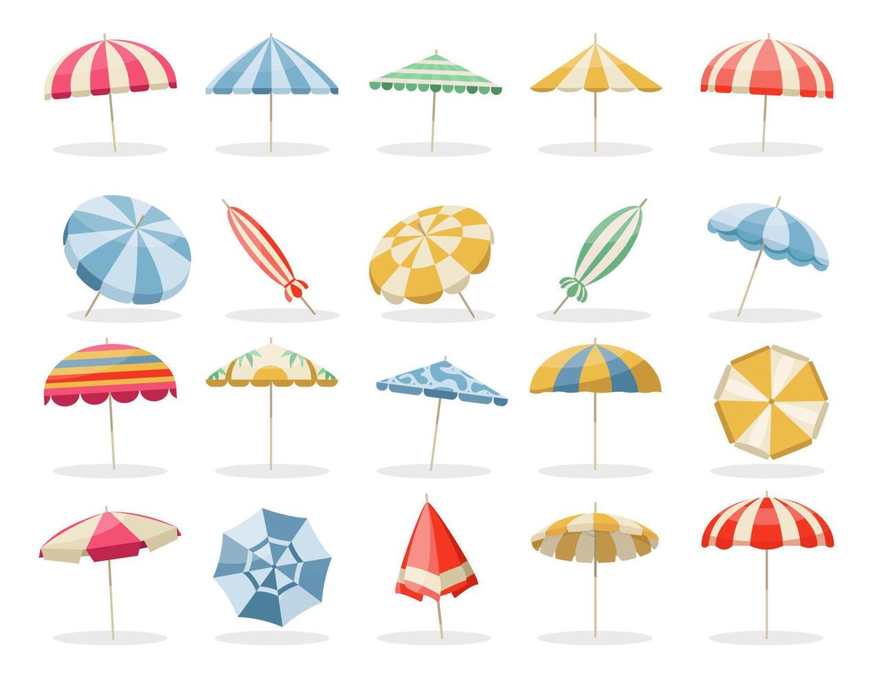strand paraply. sommar parasoll, skydd från Sol platt design, färgrik topp se av hav strand parasoll, Semester och semester paraply begrepp. uppsättning vektor