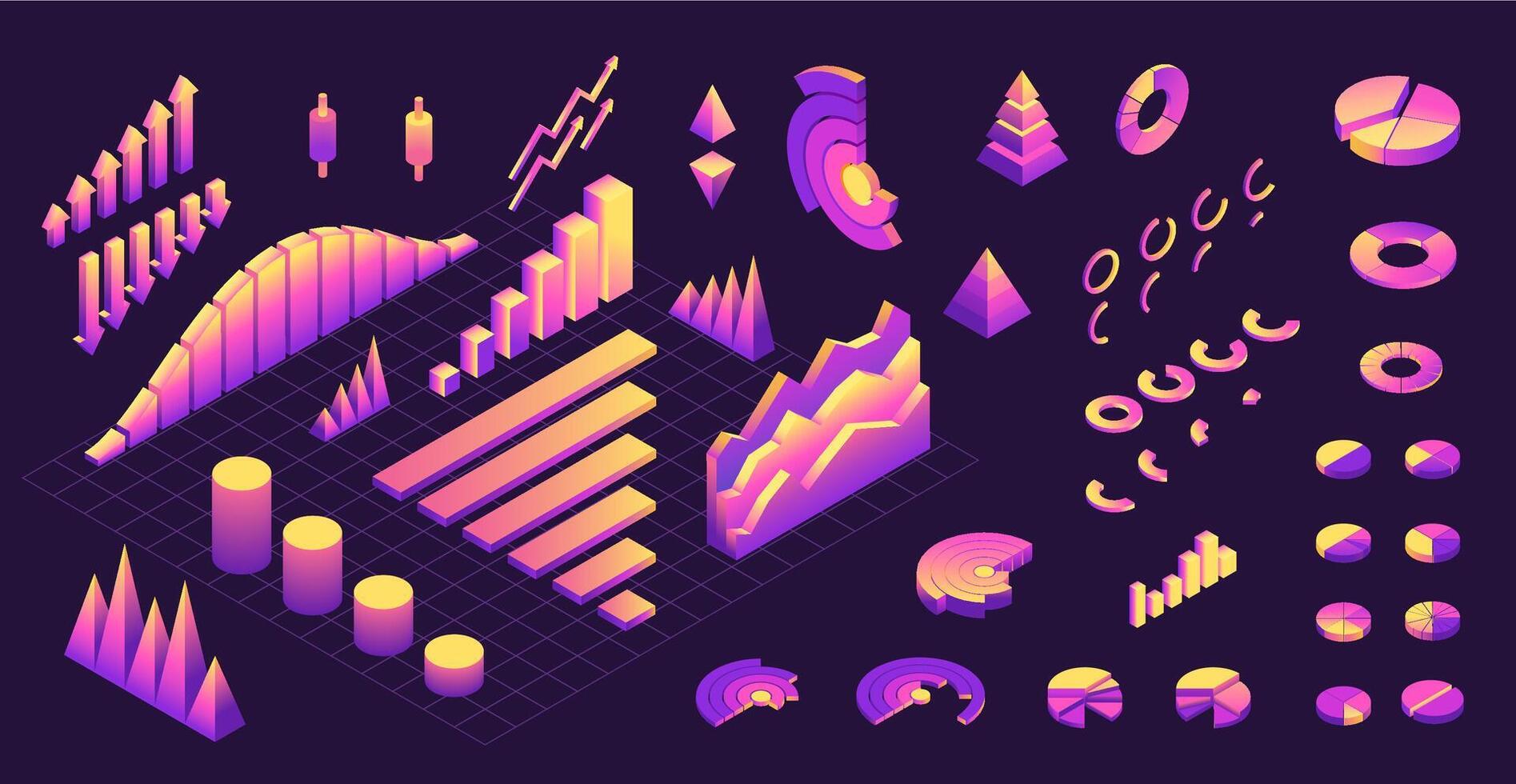 isometrisch futuristisch Daten Grafik. abstrakt Pyramide Diagramm mit Fortschritt Schritte, modern Infografik Design Elemente. isoliert Sammlung vektor