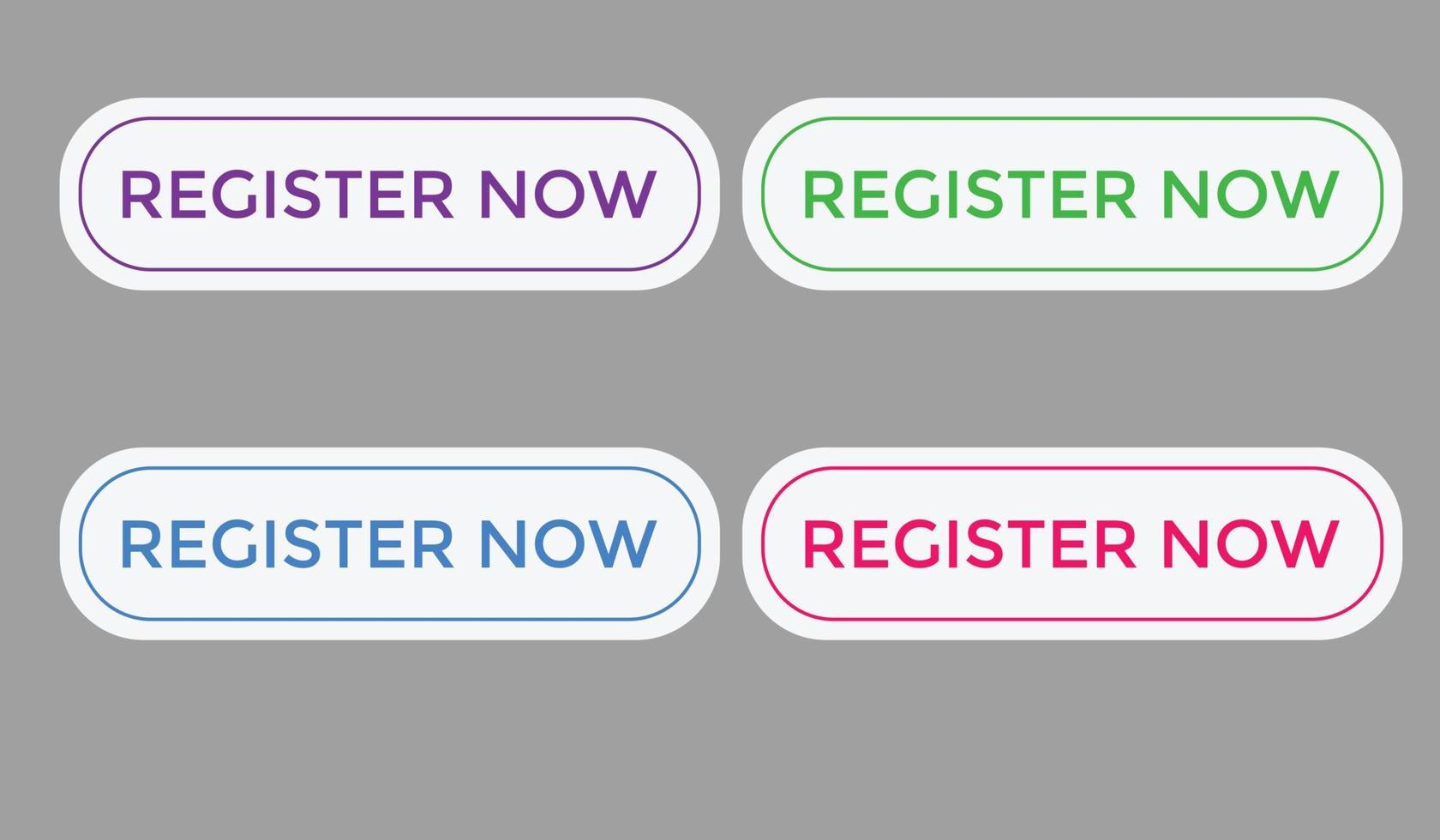 Buntes Jetzt registrieren Text Web-Button-Set von Jetzt registrieren Zeichen-Symbol für Website vektor