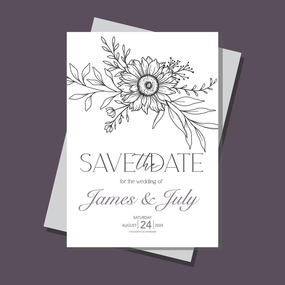 linje konst solrosor bröllop inbjudan mall, översikt solrosor minimalistisk bröllop brevpapper, solrosor bröllop vektor