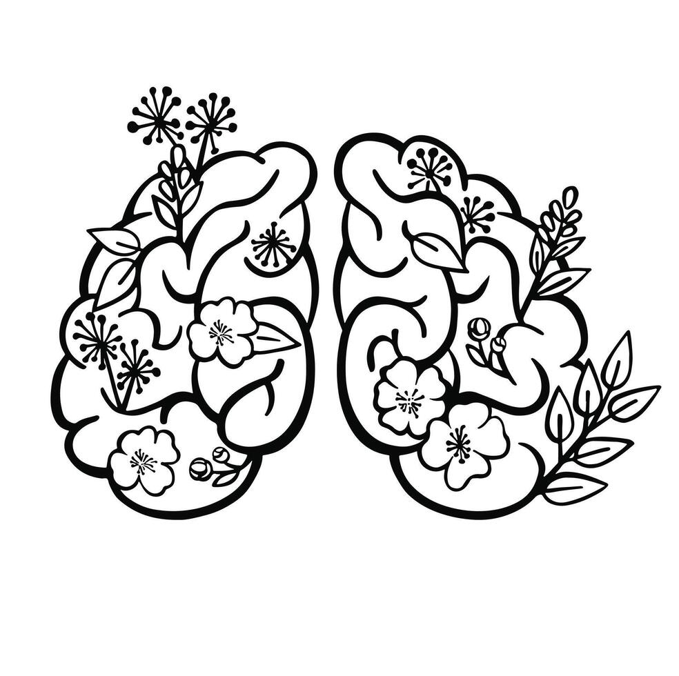 mental hälsa, blommig hjärna, hjärna med vilda blommor. illustration. vektor