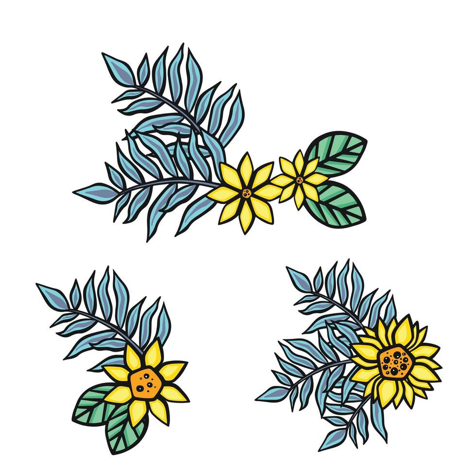 uppsättning av blommig kompositioner blommig med tropisk växter i tecknad serie stil, illustration vektor
