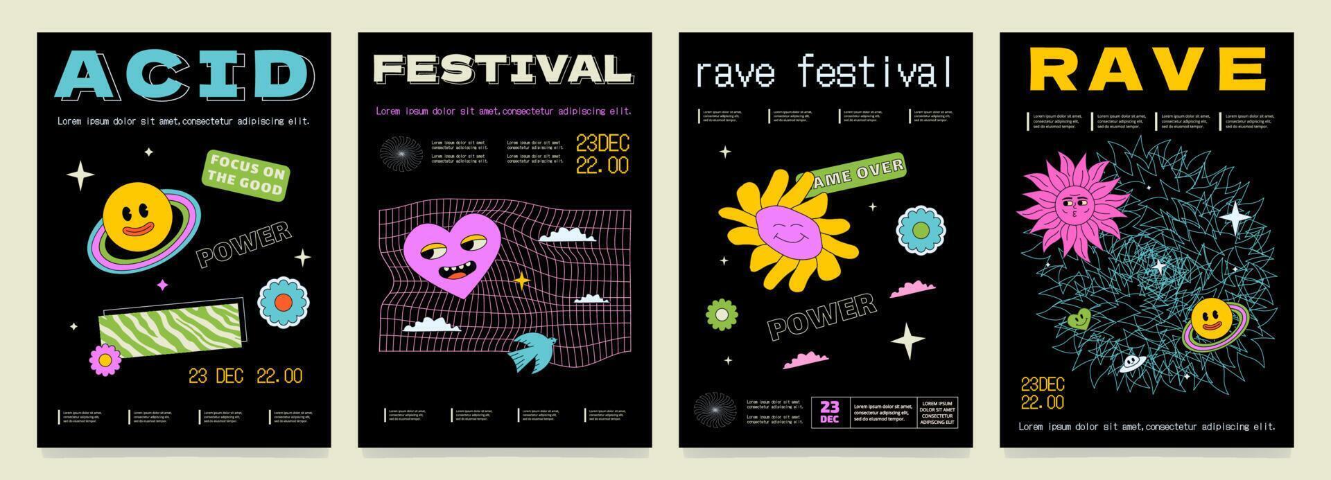 ein einstellen von verrückt psychedelisch Plakate zum ein Rave Festival. Acid Kunstwerke. vektor