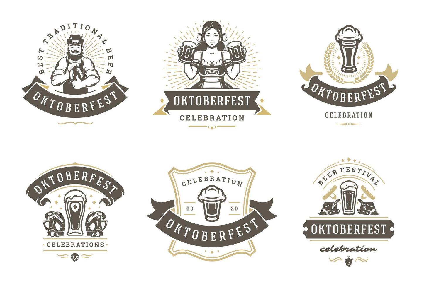 Oktoberfest Abzeichen und Etiketten einstellen Jahrgang typografisch Design Vorlagen Illustration. vektor