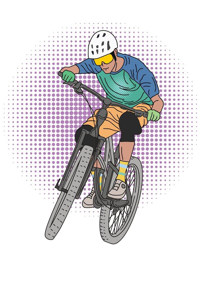 ein Mann Reiten Fahrrad mit gepunktet Kreis Rosa auf das Hintergrund. vektor