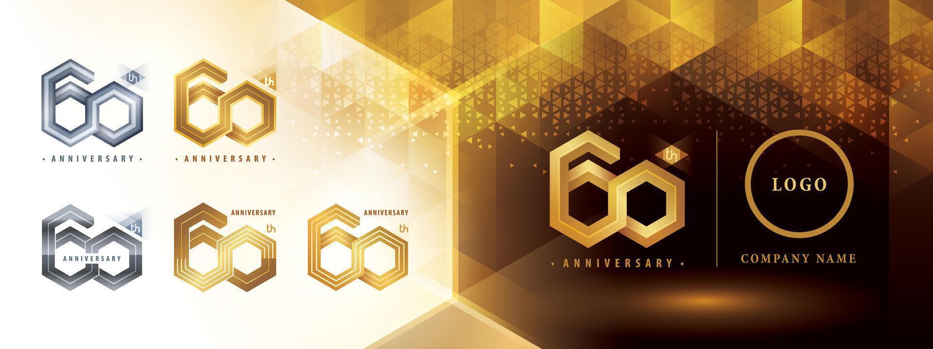 60:e årsdag logotyp design, sextio år årsdag firande. abstrakt sexhörning oändlighet logotyp, 60 år logotyp gyllene för firande händelse vektor