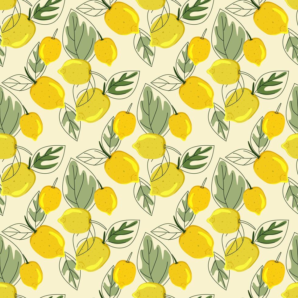 tropisk sömlös bakgrund med gul citroner. hand dragen citroner upprepa bakgrund i klotter stil.design för utskrift på tyger, Semester och konfektyr förpackning, tapet, förpackning vektor