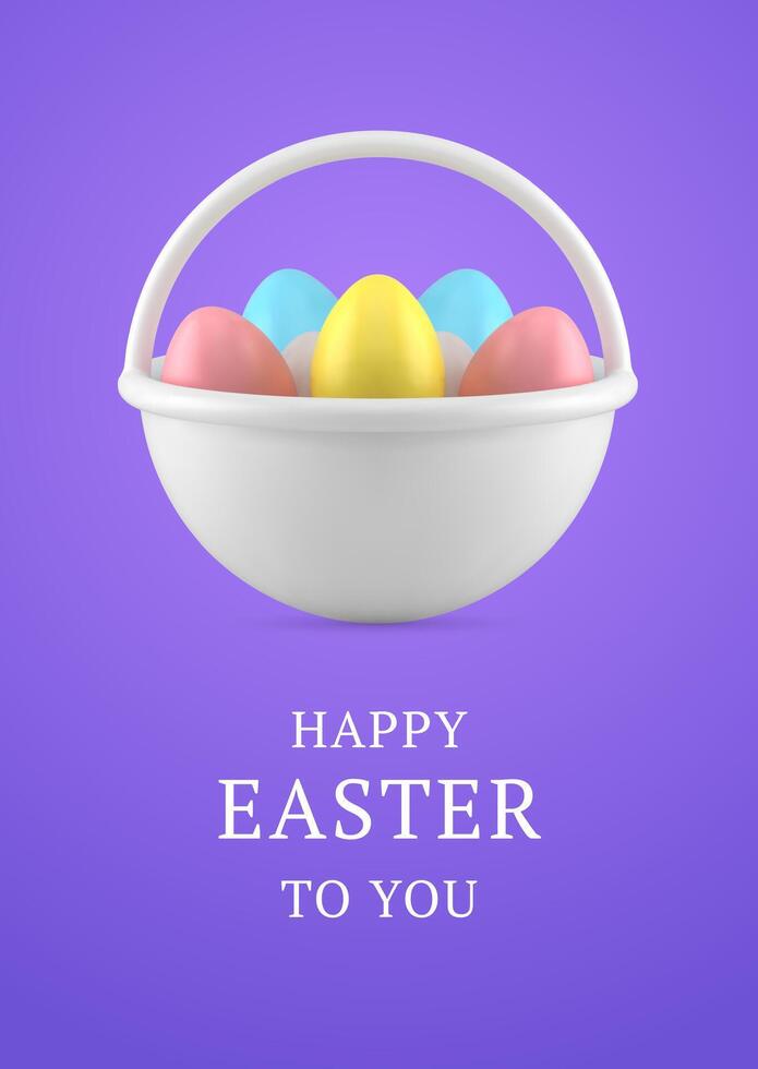 glücklich Ostern 3d Gruß Karte Korb voll von gemalt Hähnchen Eier Design Vorlage realistisch vektor