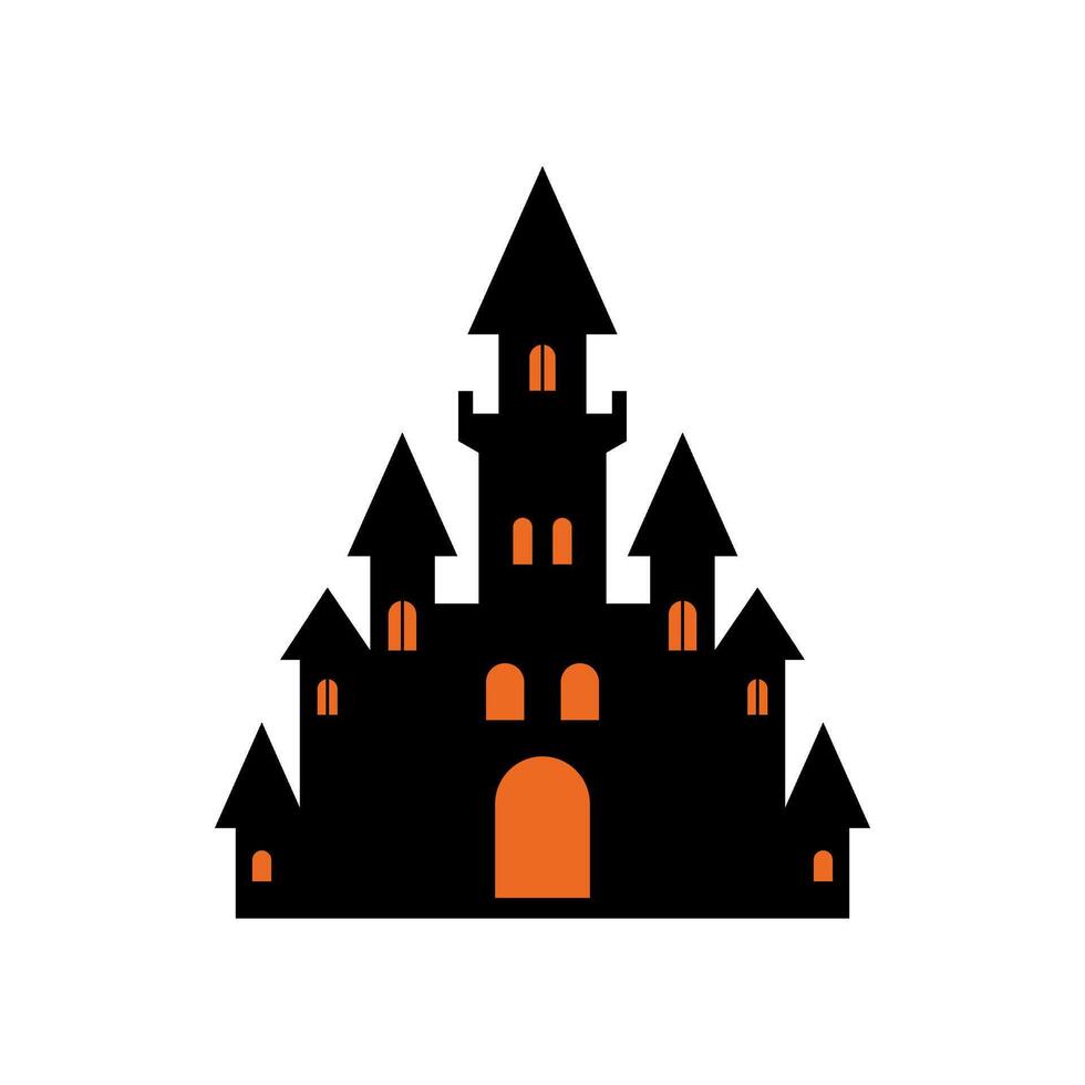 halloween Skräck svart slott med orange ljus fönster och dörr ikon platt illustration vektor