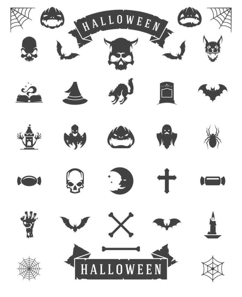 halloween firande ikoner och objekt uppsättning retro stil illustration. vektor