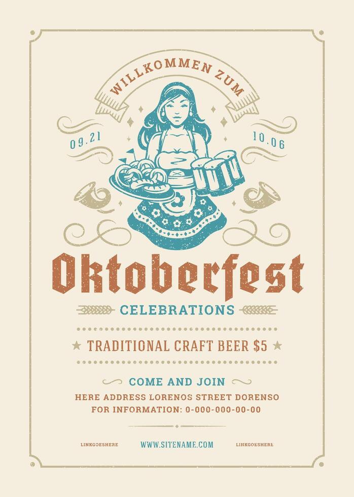 Oktoberfest Flyer oder Poster retro Typografie Vorlage Design Einladung Bier Festival Feier Illustration. vektor