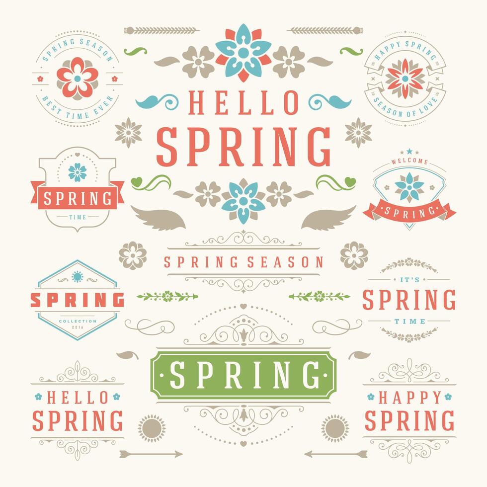 Frühling typografisch Design Satz. retro und Jahrgang Stil Vorlagen. vektor