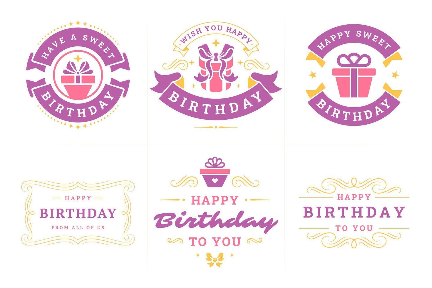 glücklich Geburtstag festlich lila Etikette und Abzeichen einstellen zum Gruß Karte eben Illustration vektor