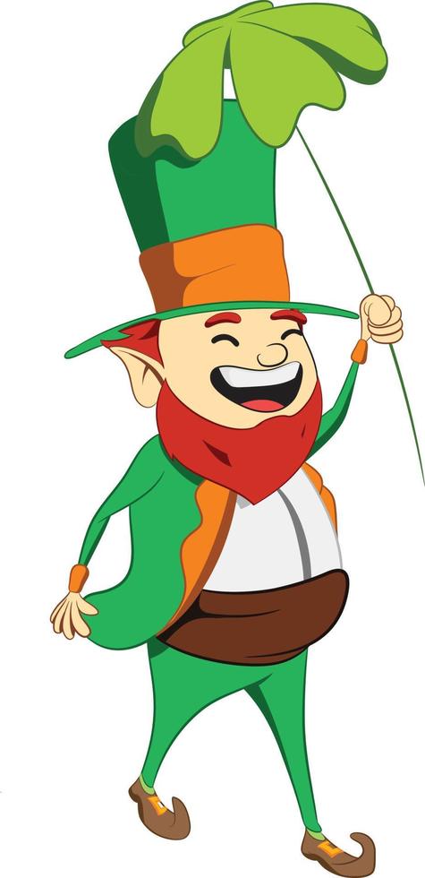 Saint Patricks Day Kobold Charakter. ein Kleeblatt über den Kopf halten. Grüne Suite Kobold feiert irisches Festival. vektor