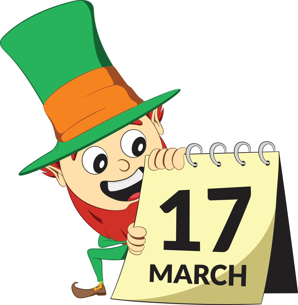 helgon patricks dag troll karaktär. står bredvid kalender med 17:e mars datum. green suite leprechaun firar irländsk festival. vektor