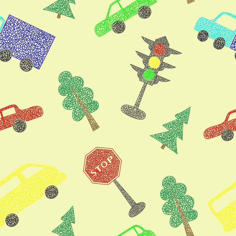 nahtlos Muster mit Hand gezeichnet Autos auf Gelb Hintergrund im Kinder naiv Stil. vektor