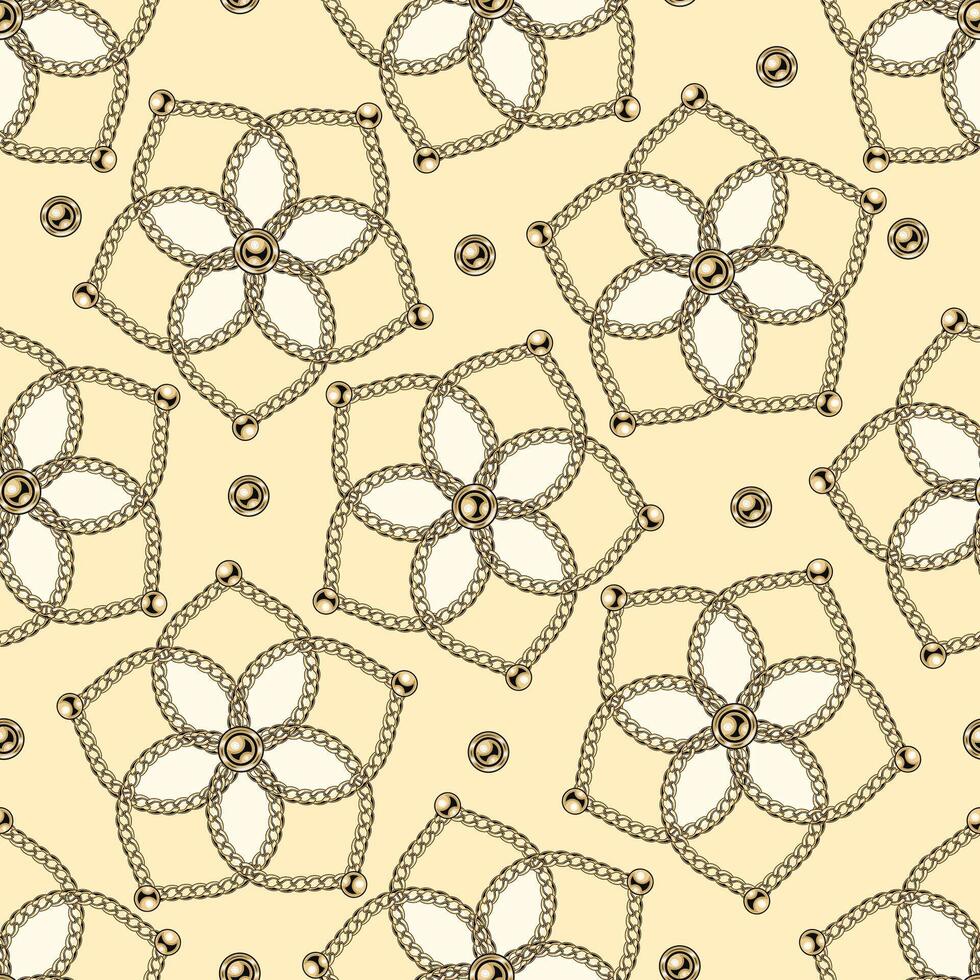 mönster med japan stil blommor. blomma formad geometrisk former med realistisk guld kedjor, pärlor. illustration i årgång stil vektor