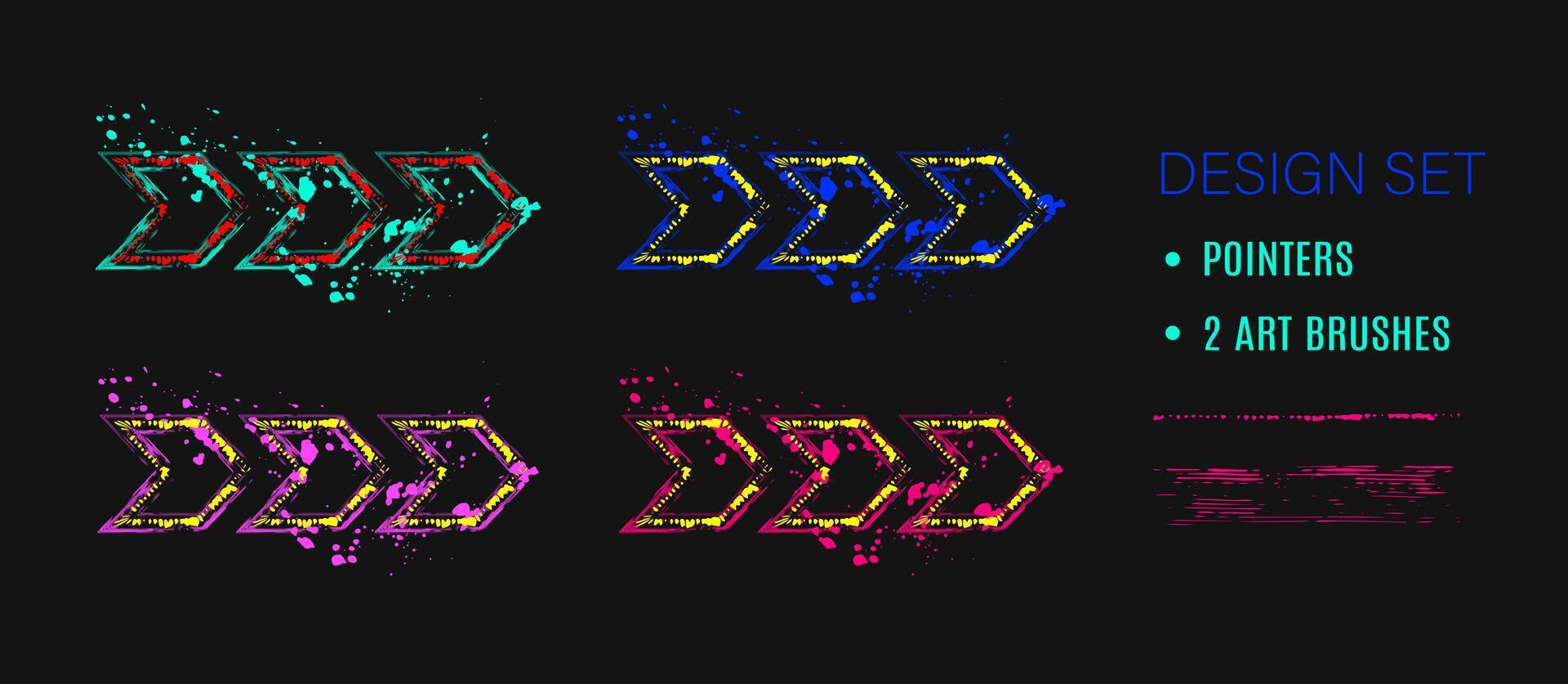 uppsättning av översikt pil, pekare ikoner. pilspets, rörelse riktning, rörelse sätt. fluorescerande måla borsta slag, befläckade måla av neon ljus färger. virtuell abstrakt objekt vektor